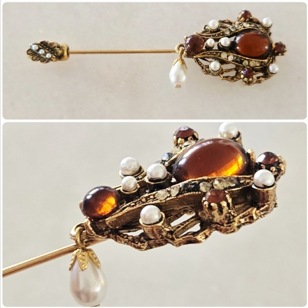 Vtg 40s 50s Cabochon Stick Hat Pin, Earthy, Victorian Style, Romantic